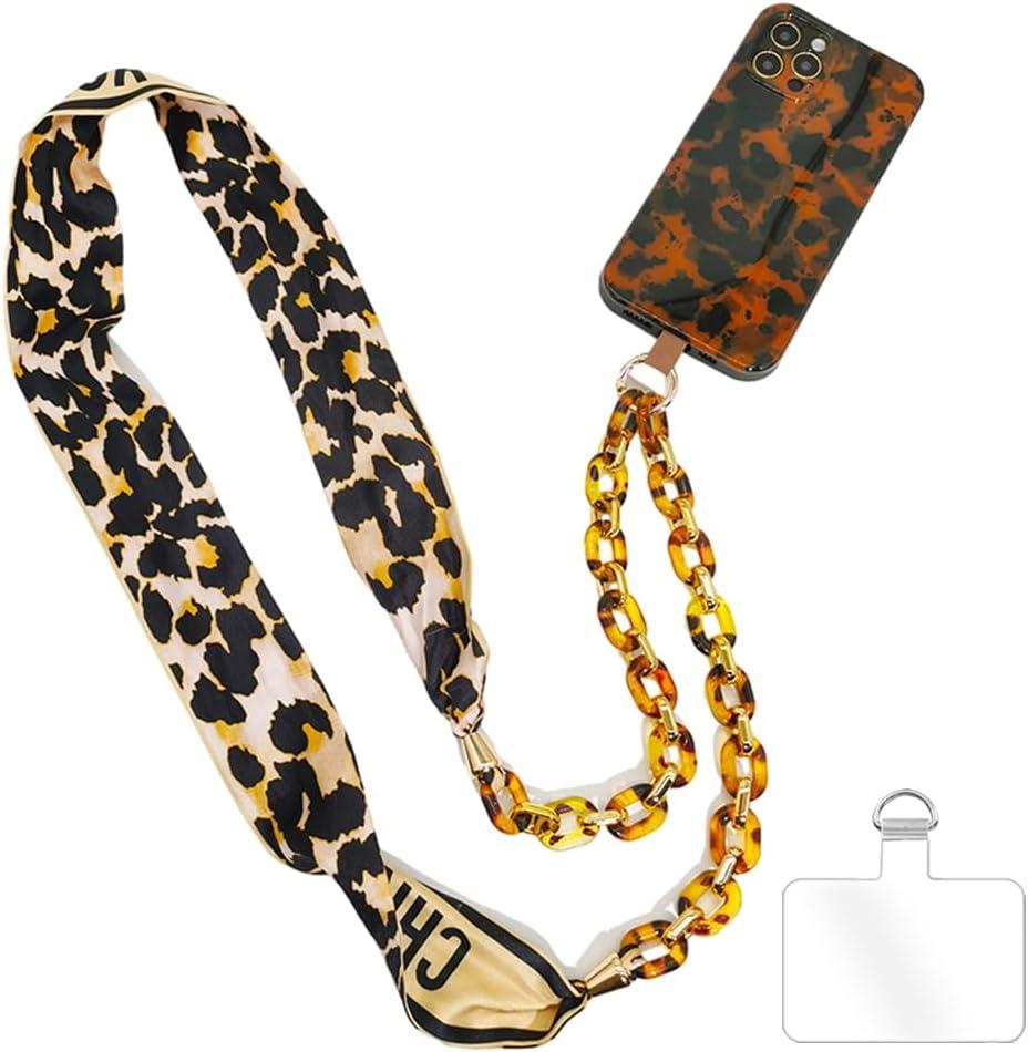 Phone Crossbody Chain Cell Phone Lanyard,Universal Leather+Metal Shouder Strap with Phone Tether Patches (S)