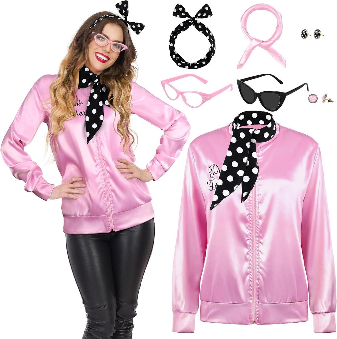 AOTHSO 1950s Pink Satin Jacket with Headband Scarves Earrings Glasses for Women 8 Pieces Halloween Adults Cosplay Costume Set, Medium