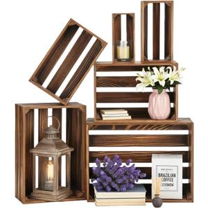 OINETRK Set of 6 Decorative Wood Crates for Display, 6 Size Farmhouse Wooden Baskets Rustic Nesting Crates Decor Boxes with Handle for Storage, Container, Display, Christmas Decorations