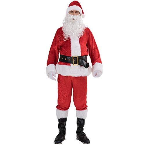 EraSpooky Men Christmas Santa Costume Adult Flannel Classic Suit, 7 Pcs, One Size: Chest 61in/156cm, Tops Length 30in/78cm, Sleeve 23in/60cm, Belt Length 57in/147cm, Pants Length 35in/90cm, Waist 27-47in/70-120cm