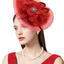 dressfan Womens Church Fascinator Hat,20s 50s Linen Vintage Hat for Derby/Church/Wedding/Cocktail/Tea Party (Red)