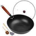 13" Nonstick Wok - Wok Pan with Glass Cover, Carbon Steel Woks & Stir-Fry Pans: Flat Bottom Chinese woks for Electric, Induction, Gas, All Stoves