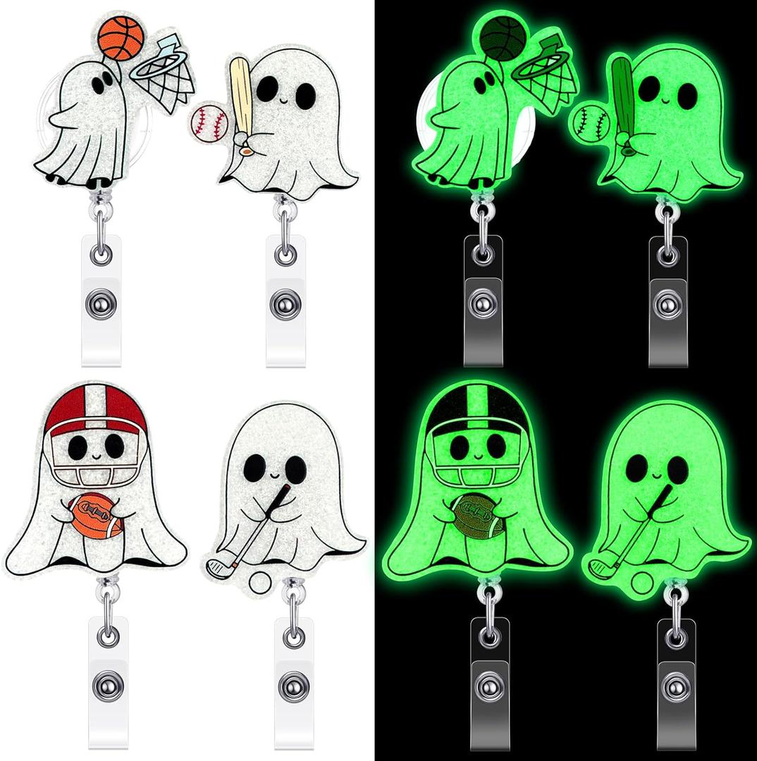 2 x Geyoga 4 Pcs Halloween Badge Reel Glitter Sport Ghost Glow in The Dark Retractable ID Badge Holder with Alligator Clip Horror Spooky Name Tag Holder Gifts for Sports Lovers Nurse Medical Teacher