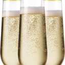 Munfix 48 Pack Stemless Plastic Champagne Flutes Disposable 9 Oz Gold Rim Clear Plastic Toasting Glasses Shatterproof Recyclable and BPA-Free