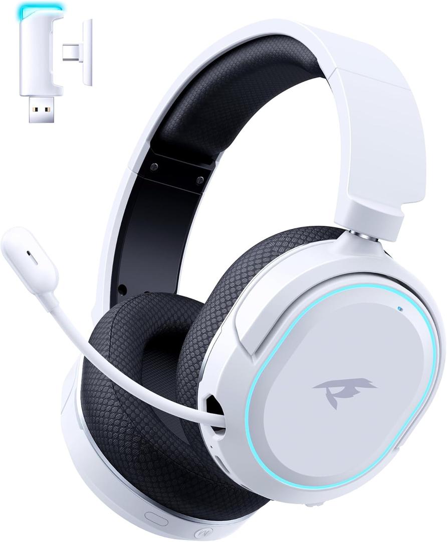 Wireless Gaming Headset, 7.1 Surround Sound, 2.4GHz USB Gaming Headphones with Bluetooth 5.4, 100H Battery, ENC Noise Canceling Mic, RGB Light, Wireless Headset for PC PS5 PS4 Mac Switch (Black-White)