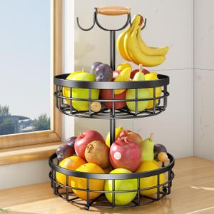SAYZH 2-Tier Fruit Basket Bowl Vegetable Storage with 2 Banana Tree Hanger and Wood Lift Handle, Kitchen Countertop Metal Wire Basket for Bread Onions Potatoes (Black, 2 Tier)