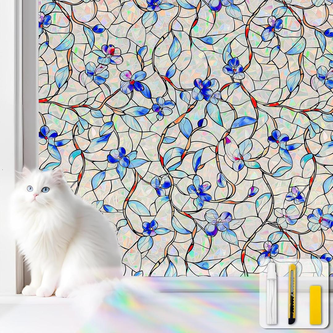 Window Privacy Film Stained Glass Decorative Static Clings Rainbow Window Tint for Home Room Decor Bathroom Door Car Stickers with Iridescent Effect, Removable(Blue Violet Botanical) (17.5*78.5)