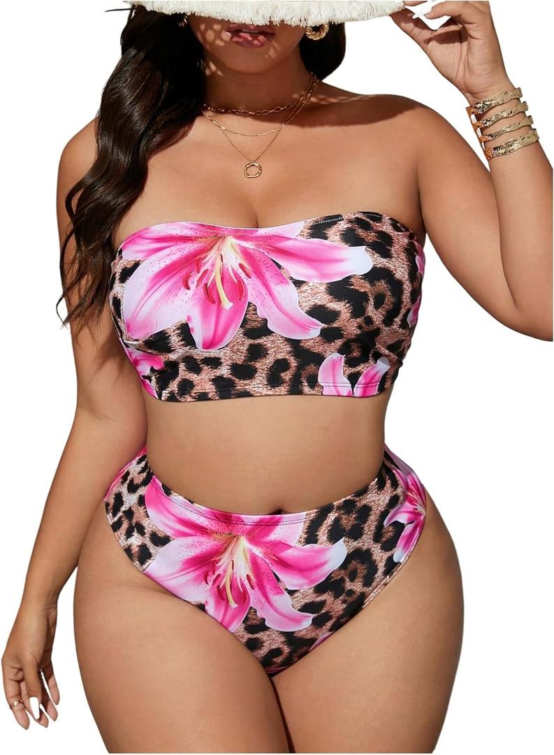 Women's Plus Size Floral Leopard Bandeau Swimsuits High Waisted Bikini Set 2 Piece Bathing Suits (XX-Large Plus, Multicolor)