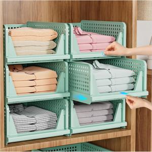 SNSLXH 5 Pack Stackable Closet Organizer Box, Multifunctional & Foldable Closet Storage Basket for Bathroom Kitchen Laundry Room Wardrobe Storage, Space-Saving Clothes Storage Drawer Organizer, Green