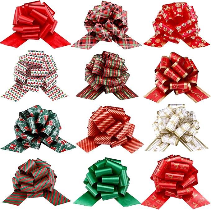 24 PCS Christmas Pull Bows for Gift Wrapping with Ribbon 5” Wide Boxing Day Decorations, Holiday Décor Xmas Present Gift Wrapping Christmas Decorations