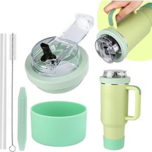 Cup Lid Replacement for Stanley Tumbler 40 Oz,Flip Straw Lid with Double Drinking Mouth, Cleaning Brush and Cup Boot Leakproof & Dustproof Cover for Stanley Cup Accessories (Green, 40)