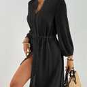 Bsubseach Swimsuit Coverup for Women V Neck Bathing Suit Cover Up with Pocket Drawstring Button Down Beach Shirt Dresses (Black) XXL