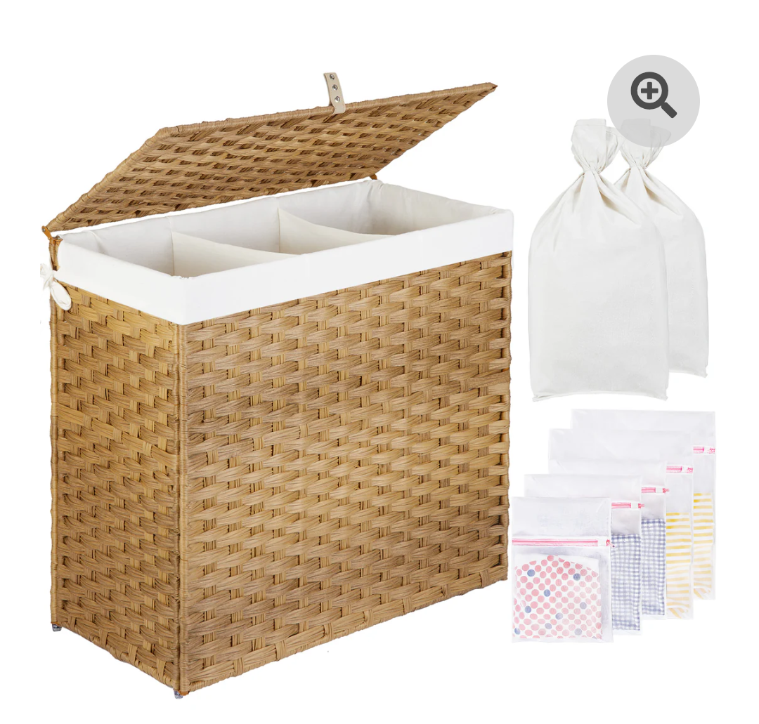 Greenstell Laundry Hamper with Lid, 125L Large Clothes Hamper with 3 Section & 2 Section Removable Liner Bags & 5 Mesh Laundry Bags, Handwoven Synthetic Rattan Divided Laundry Basket