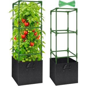 Legigo 2 Pack Tomato Cages with 17 Gallon Grow Bags- 47 Inch Square Tomato Cages for Garden, Heavy-Duty Tomato Stakes Plant Support Cages Trellis for Garden Vertical Climbing Plants Vegetables