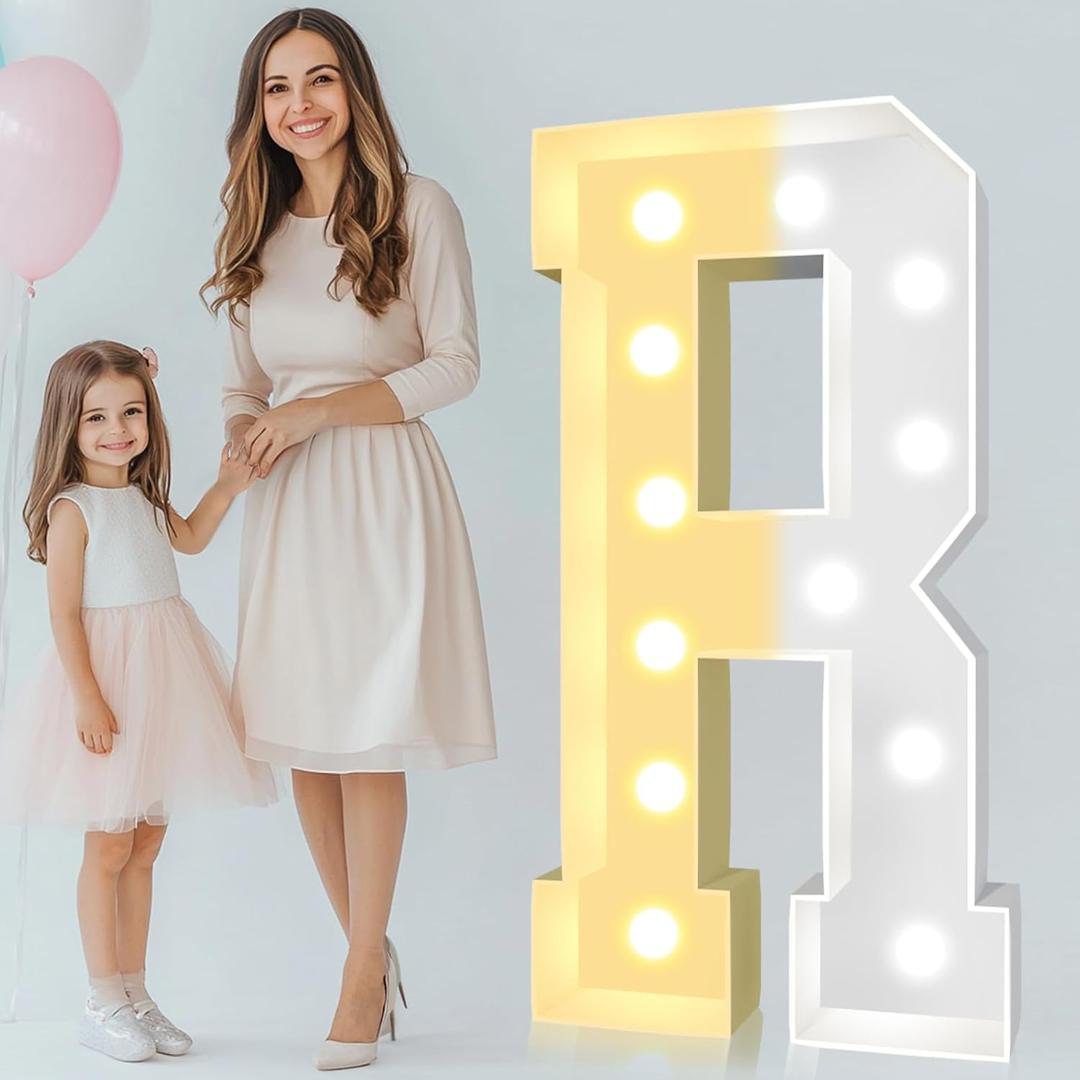 Pooqla 4 FT Light Up Marquee Letters, Giant Mosaic Letter Cool White and Warm White LED, Large Lighted Alphabet Lights for Balloons Birthday Party Anniversary Wedding Decorations, Letter R