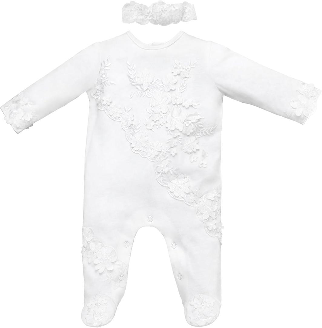 Newborn Baby Girls Embroidery Romper Infant Bodysuit Christening Baptism Footed Outfits Jumpsuit (3-6 Months, White-02)