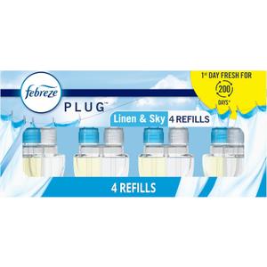 Febreze Plug In Air Freshener, Odor-Fighting Scented Oil Refill, Linen & Sky Scent, 4 Refills