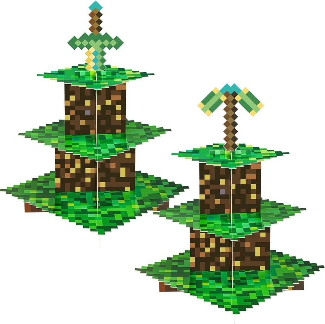 2 Pack Cupcake Stands for Pixel Game Birthday Party Decorations Game Party Favors Supplies, Cardboard Cupcake Holder with Toppers Table Centerpieces