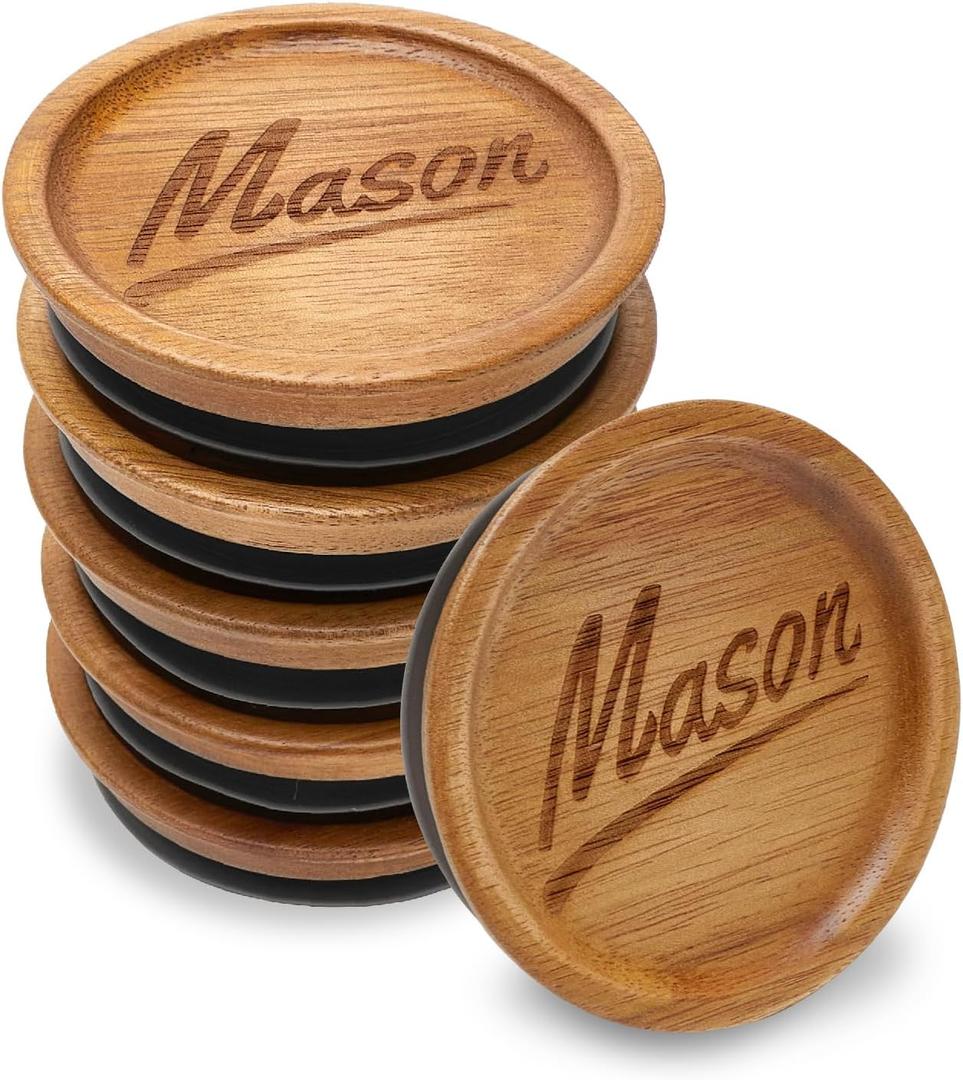 6 Pcs Acacia Wood Mason Jar Lids Regular Mouth Canning Jars Supplies Decorative Small Mouth Mason Jar with Wooden Lid Silicone Reusable Can Lids for Jars Tops Glass Cover Canning Accessories