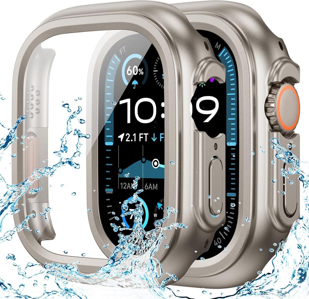 Goton Waterproof Case Compatible for Apple Watch Ultra 3/2/1 Screen Protector 49mm, Hard Bumper with Tempered Glass for iWatch Cover 49 mm (Titanium)