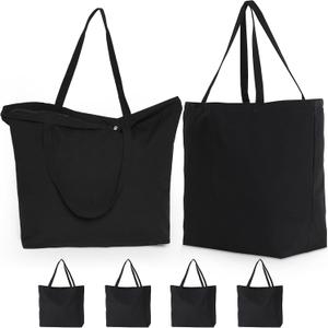 Koolmox 6Pack 22x16x7.8'' 12Oz Heavy Duty Canvas Tote Bag with Zipper, Reinforced Handles Wide Bottom, Large Canvas Bag, Extra Big Grocery Shopping Beach Reusable Totes Bags Vacation Bags Plain Black