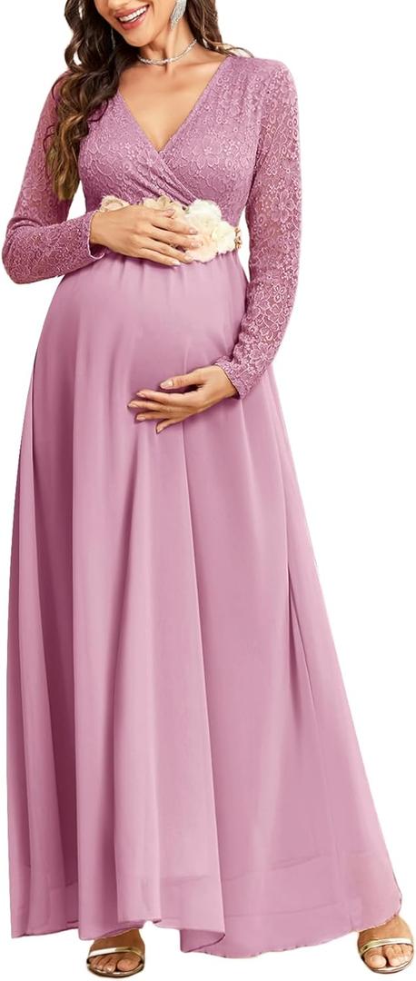 CYCLAMEN Maternity Dress Flowy A-Line Wrap Gown with Floral Lace and Contrast Chiffon Long Sleeve V Neck for Baby Shower (Plum Pink) Large
