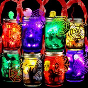 Jenaai 8 Pcs Halloween Crafts for Kids Lantern Craft Glass Mason Jar DIY Light with Accessories for DIY Lantern Jar Halloween Activities Supplies Gift for Crafts Art Party Favor
