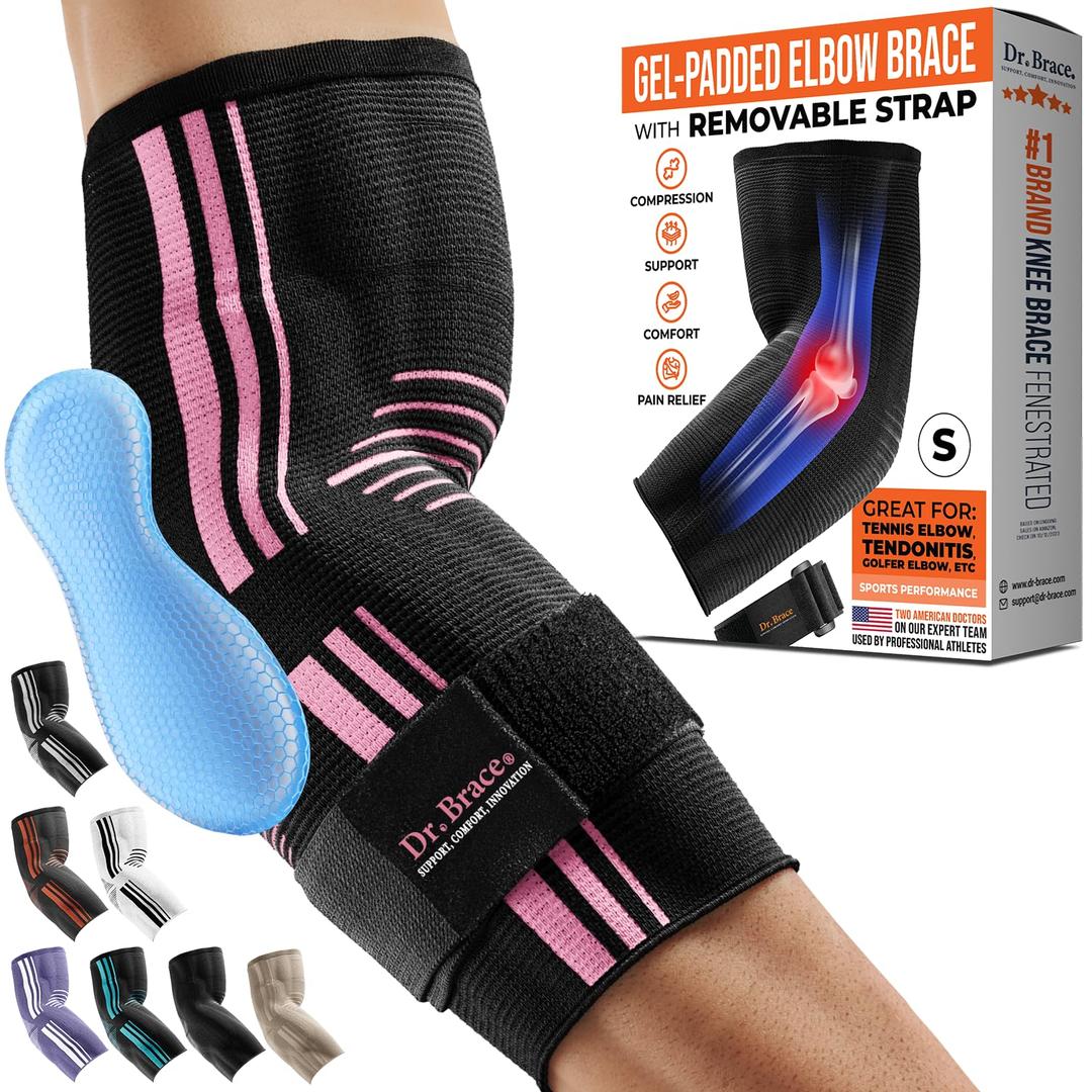 DR. BRACE Elite Elbow Brace Support, Breathable Elbow Compression Sleeve with Gel Pad for Golfer's, Tennis Elbow & Tendonitis Treatment & Pain Relief 2024 (Black-Pink, Small)