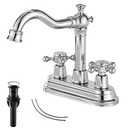 Chrome Bathroom Faucet GGStudy 2 Handles 4 Inches Centerset Bathroom Vanity with Drain Assembly and Supply Hose Lavatory Faucet Mixer Double Handle Tap