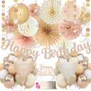 Champagne-Gold Beige Birthday Decorations for Women Girls,Cream Neutral Balloons Dcor,Happy Banner,Boho Peach Paper Lanterns Tissue Pom Poms Fan,Anniversary Princess Backdrop Party Supplies