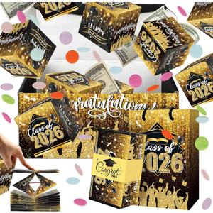 Sereliy Graduation Exploding Money Gift Boxes for Cash, 12 Pack Pop Up Surprise Money Box with Confetti, Black Gold Graduation Explosion Gift Box for Cash Giving Class of 2026