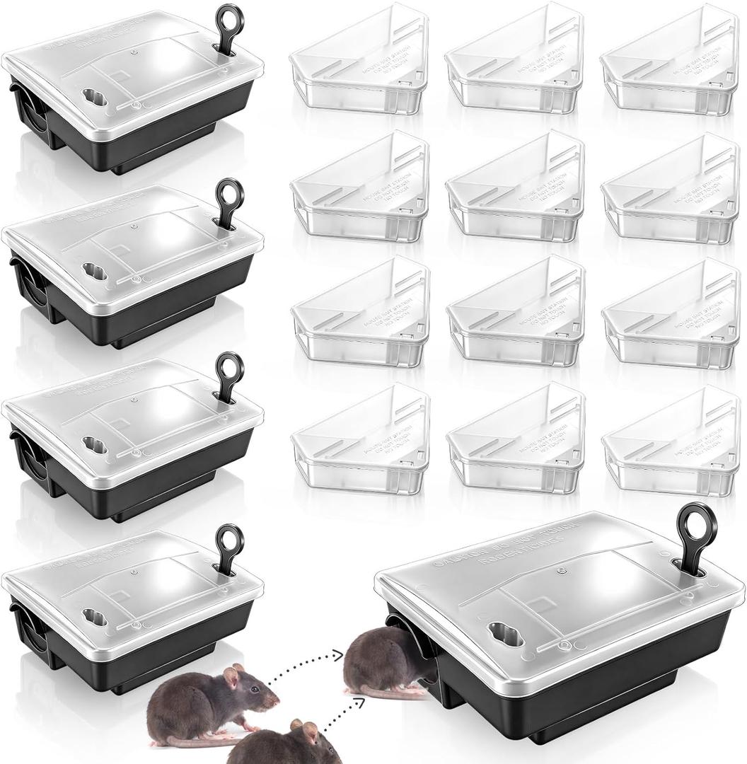 16 Packs Rat Station Box with Keys Includes 4 Large Rodent Rat Traps 12 Compact Mouse Station Mice Box for Outdoor Indoor Use Keeping Pets and Children Safe(Clear, Black)