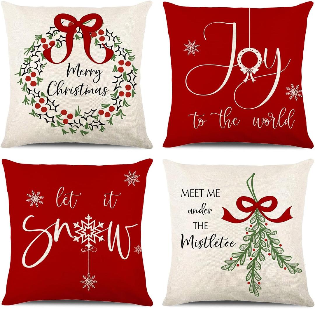ONFAON Christmas Decorations - Christmas Pillow Covers 18x18 Set of 4, Holiday Christmas Decor Home Sofa Couch Cushion Indoor Decorations