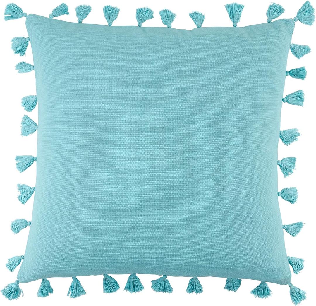 SARO LIFESTYLE Mabel Collection Tassel Throw Pillow with Down Filling, 20", Turquoise (20" Poly Filled)