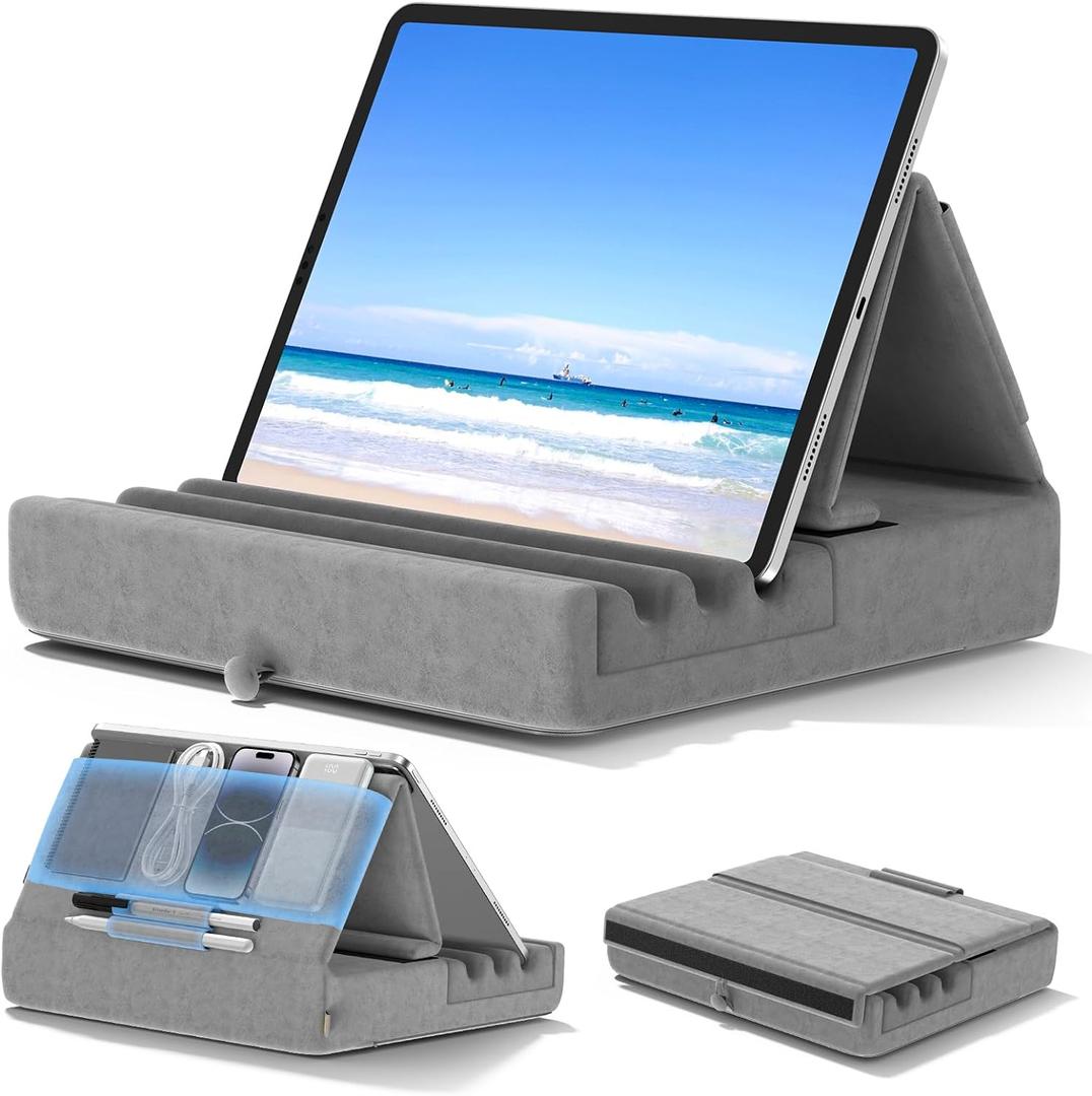 KDD Tablet Pillow Holder, Foldable iPad Stand for Lap, Bed and Desk -Tablet Soft Pad Dock with Pocket & Stylus Mount Compatible with iPad Pro 12.9, 10.5, 9.7 Air Mini 6 5 4 3, Galaxy Tab, E-Reader, grey