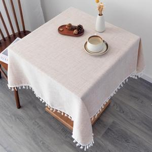 Linen Square Tablecloth 52 x 52 Inch Beige Washable Wrinkle Resistant Table Cloths with Tassels Farmhouse Decorative Burlap Fabric Table Cover for Wedding Camping Party Holiday