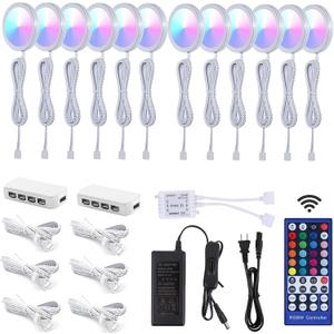 Under Cabinet Lights, RGBW Ultra Slim Puck Lighting Kit 12 Pack, Dimmable Counter Showcase Kitchen Lighting Fixtures, Puck Lights with Remote and 12V Plug in Adapter