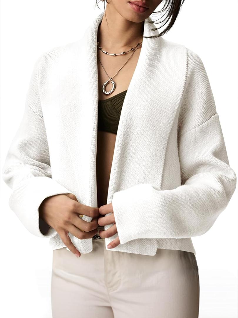 Saodimallsu Womens Cropped Cardigan Open Front Shawl 2026 Fall Trendy Long Sleeve Sweater Jacket (X-Large, White)
