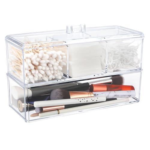 2 Layer Qtip Holder Transparent 3 Compartments Cotton Ball and Swab Holder Organizer with Lid,Jar for Cotton Rounds,Bathroom Containers,Clear Acrylic Desk Organizer for Makeup Pads,Cosmetics Bedroom