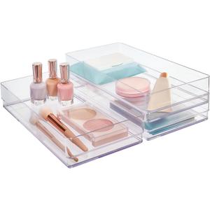 STORi SimpleSort 3-Piece Stackable Clear Drawer Organizer Set | 12" x 6" x 2" Rectangle Trays | Wide Makeup Vanity Storage Bins and Office Desk Drawer Dividers | Made in USA