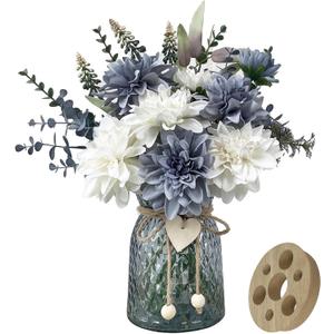 Fake Flowers in Vase,8 Dahlias,Silk Artificial Flowers in Vase,Centerpiece Table Decorations,Faux Flowers in Vase with a Flower Arrangement Holder