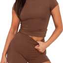 SAMPEEL Womens Two Piece Lounge Sets Casual Summer Outfits 2 Piece Short Matching Clothing Set (Brown, L)