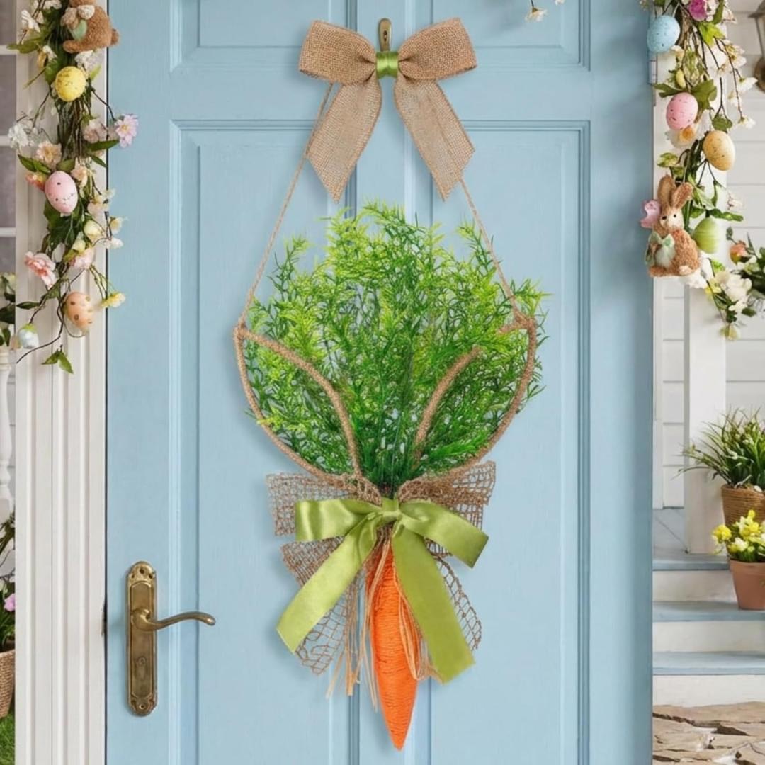 Cinnvoice Easter Wreath for Front Door Carrot Bunny Door Decoration Spring Carrot Rabbit Ear Wreath Happy Easter Hanging Wall Sign Decoration for Porch Wall Home Indoor Outdoor Holiday Decor