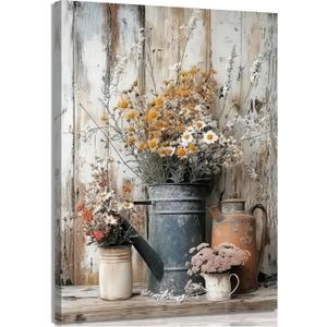 Rustic Farmhouse Daisy Floral Canvas Wall art Vintage Neutral Country Painting Picture Wall Decor Flower Still Life BotanicalPoster Print Artwork for Bathroom Living Room Bedroom Home Decoration (16Lx12W)