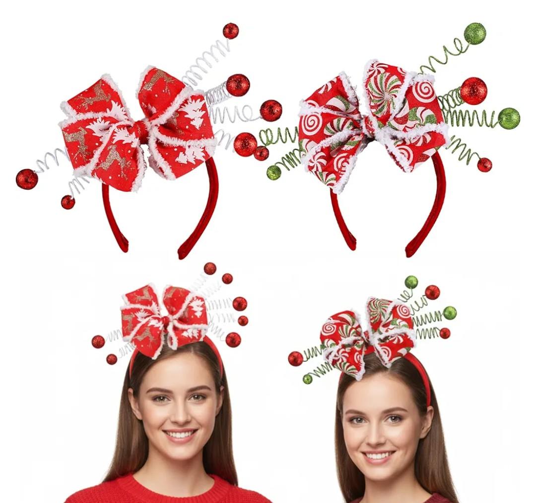 2 Pack Christmas Headbands for Women Christmas Candy Bow Headbands with Red Green Ball Cane Peppermint Elk Xmas Tree Headwear Hair Costume Accessories for Women Holiday Xmas Party Gift