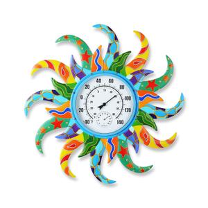 Large Blue Sun Outdoor Thermometer & Hygrometer Combo, 25'' Indoor Outdoor Wall-Mounted Thermometer Gauge, Decorative Indoor Outside Temperature Thermometer for Patio, Garden, Living Room,Kitchen