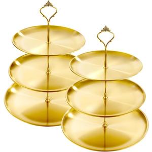 2 Set Stainless Steel Cupcake Stand, Gold Metal Serving Tray Cake Holder Cake Display Stand for Holiday Dessert Table Decorations Birthday Party Wedding (3 Tier x 2)