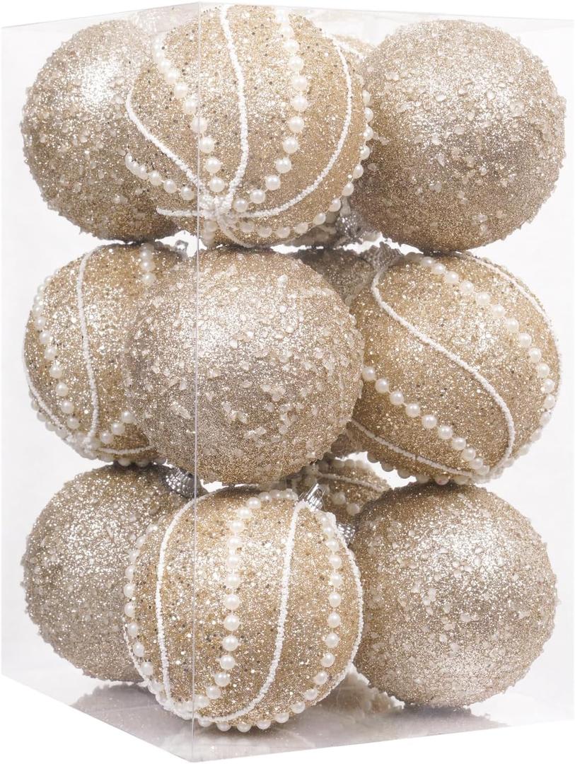 3.15" 12pcs Christmas Ball Ornaments Sequin Shatterproof Christmas Tree Ornaments DecorativeHanging Pearl Balls for Xmas Trees,Holiday Party(Champagne)