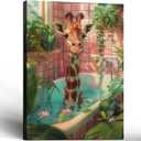Framed Giraffe in Bathtub Canvas Wall Art Botanical Animal Pattern Maximalism Animals in Bathtub Poster Print Picture Tropical Bathroom Jungle Bathroom Toilet Wall Decor 12x16 Inch Ready to Hang