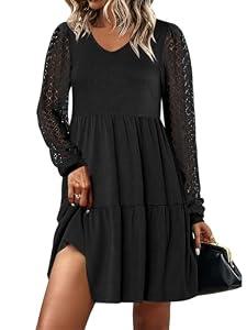 ANRABESS Dresses for Women Casual Lace Long Sleeve V Neck Tiered Swing Flowy Loose A-line Mini Short 2025 Fall Vacation Dress Black Medium
